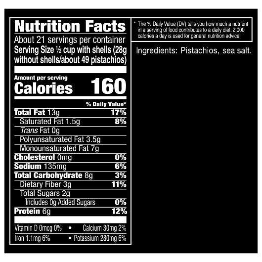 Wonderful Roasted and Roasted & Salted Pistachios, 3 x 8 x 5 oz Case - Combined nutrition and ingredients label