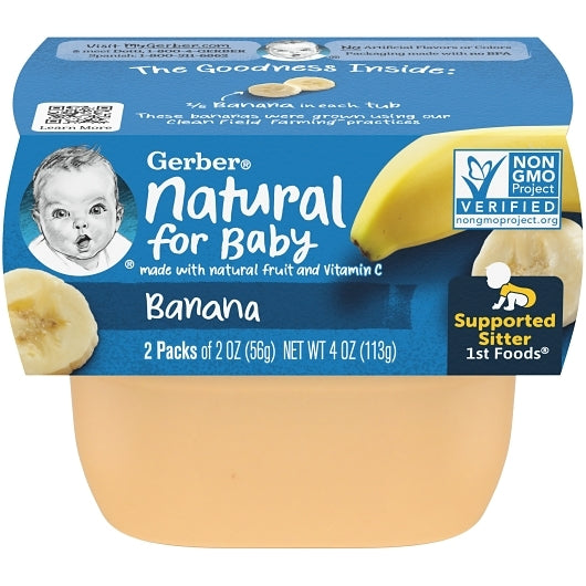 Gerber 1st Foods Non-GMO Banana Puree Baby Food Tub, 2x 2 oz Tubs, 2 x 4 x 4 oz Case - Front/center packaged product image