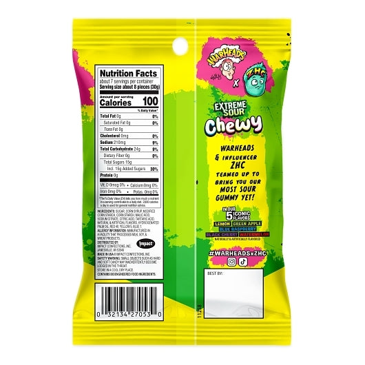 Warheads Extreme Sour Chewy Candy Peg Bag, 8 x 7.25 oz Case - Candy & Confections - image 2