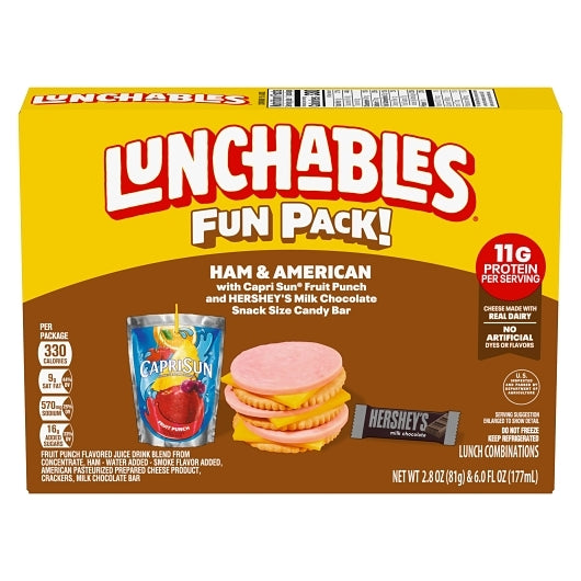 Lunchables Ham & American with Capri Sun Fruit Punch & Hershey's Milk Chocolate Bar Fun Pack, 8 x 8.8 oz Case - Frozen -