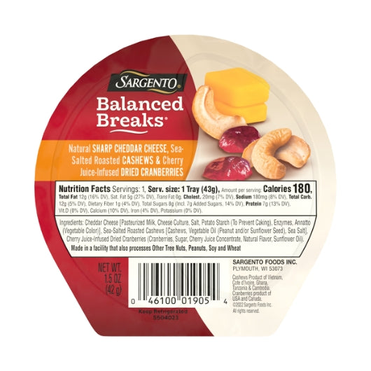 Sargento Balanced Breaks Sharp Cheddar Cheese Cashews & Dried Cranberries Snack, 4 x 3 x 1.5 oz Case - DOT product image 2