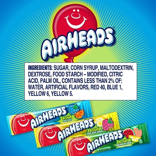 Airheads assorted flavors, individually wrapped full-sized candy bars, 8 x 18 x 2.75 oz Case - Candy & Confections - ima