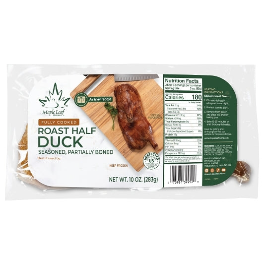 Maple Leaf Farms Fully Cooked Roast Half Duck Partially Boned, Case Ready In Vacuum Packages, Retail, Frozen, 6 x 10 oz