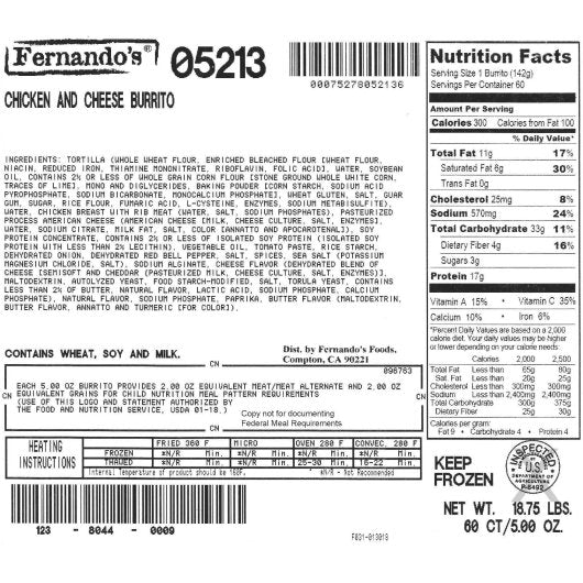 Fernandos Whole Grain Cheesy Chicken Burrito, 1 x 60 each Case - DOT product image 5