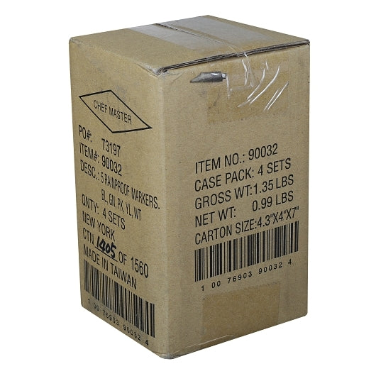 Chef-master 5 Blue, Pink, White, Green, & Yellow Rain Proof Markers, 1 x 1 each Case - GS1 closed shipping case image