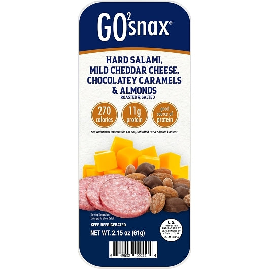 GO2snax Hard Salami, Mild Cheddar Cheese, Chocolatey Caramels & Almonds, 2 x 6 x 2.15 oz Case - Candy & Confections - im