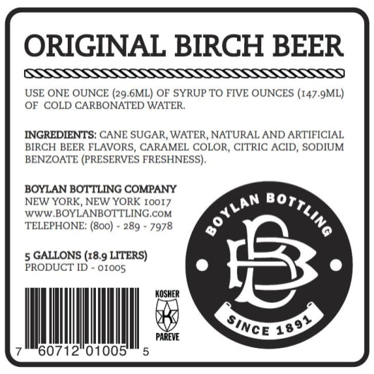 Boylan Bottling Bag-in-Box Original Birch Beer Soda, 1 x 5 GA Case - Full package flat/label artwork