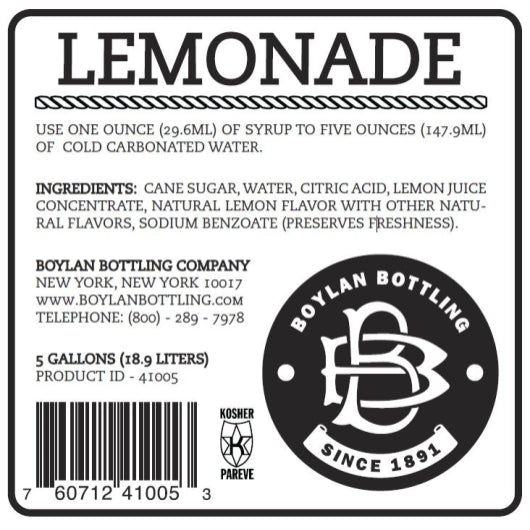 Boylan Bottling Bag-in-Box Lemonade, 1 x 5 GA Case - Nutrition facts label