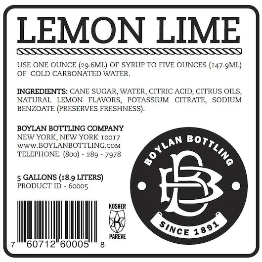 Boylan Bottling Bag-in-Box Lemon Lime Soda, 1 x 5 GA Case - Nutrition facts label
