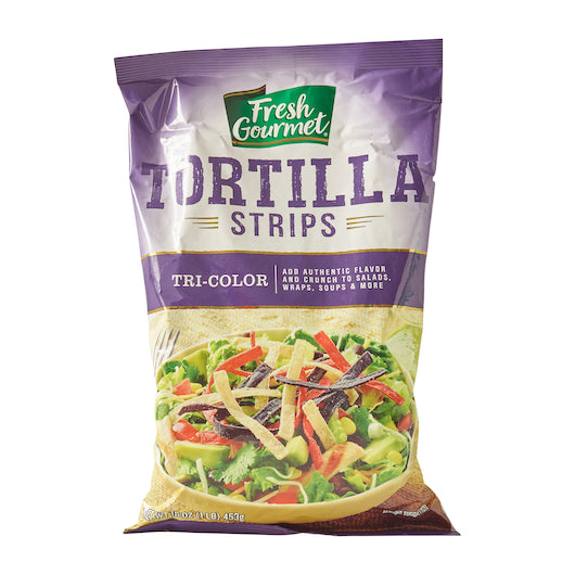 Fresh Gourmet Tri-Color Tortilla Strips Salad Salad Topping Bag, 10 x 1 lb Case - DOT product image 2
