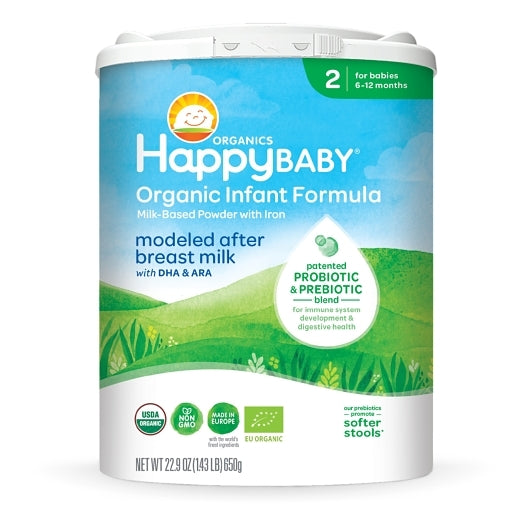 Happy Baby Organic Non-GMO Milk-Based Powder Infant Formula Stage 2 Tub with Prebiotics, 6 x 22.9 oz Case - Baby Food -