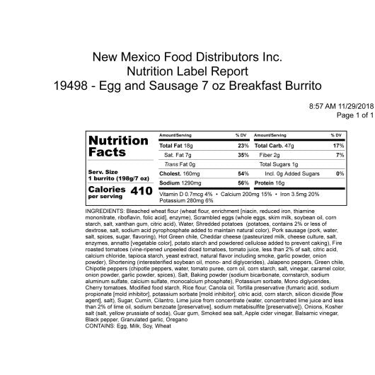 Green Chile Food Frozen Sausage, Egg, Cheddar & Hashbrown Breakfast Burrito, 12 x 1 each Case - DOT product image 2