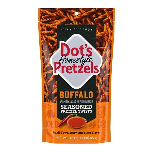 Dot's Homestyle Pretzels Buffalo Flavored Seasoned Pretzel Twists Bag, 10 x 16 oz Case - Popcorn, Pretzels & Snack Mix -