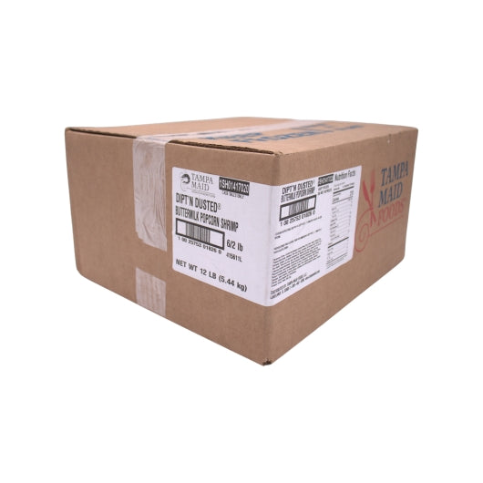 Tampa Maid Breaded Popcorn Buttermilk Shrimp 90-110 Ct, 6 x 2 lb Case - GS1 closed shipping case image