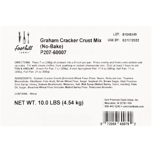 Foothill Farms Graham Cracker Crust No Bake Ready to Use Add Filling Dessert Mix, 1 x 10 lb Case - DOT product image 5