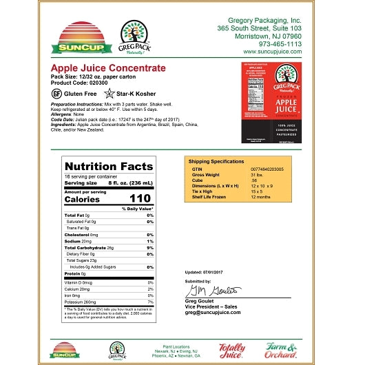 Suncup Apple Juice Apple Concentrate 3+1, 12 x 32 oz Case - Fruit & Sides