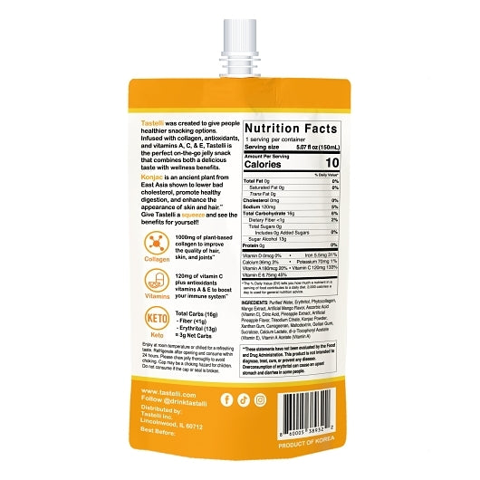Tastelli Mango Pineapple Drinkable Konjac Jelly Snack with Plant-based Collagen + Antioxidants + Vitamins, 4 x 10 x 5.07