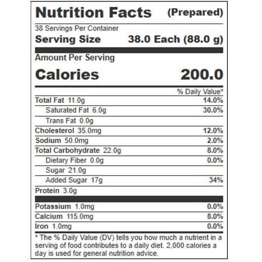 Villa Dolce TIRAMISU GELATO, 1 x 5 LT Case - Nutrition facts label