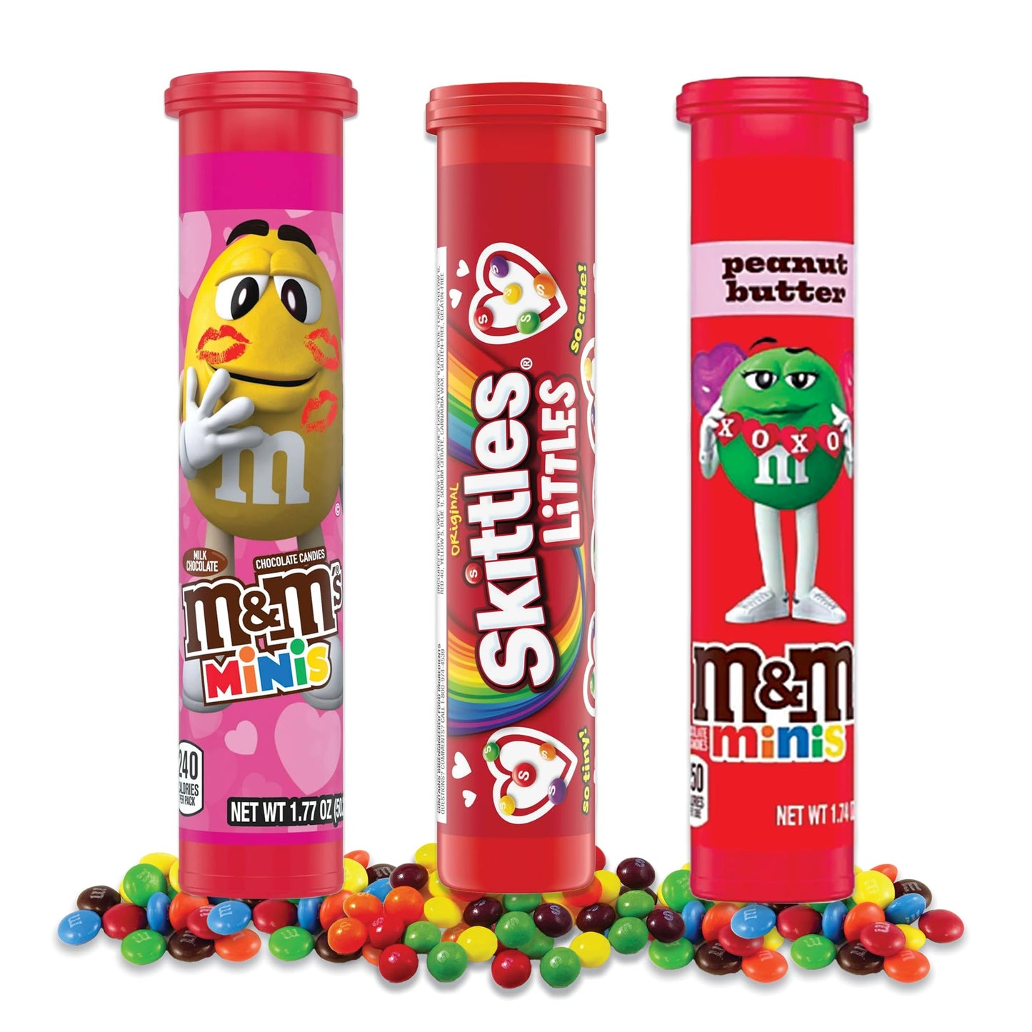 Valentine's Day Candy Tubes Variety 3 Pack- Mini Chocolate Candy Pieces, Mini Peanut Butter Chocolate Candy Pieces, and Fruity Candy Pieces Littles Candy Tubes. Valentines Treats