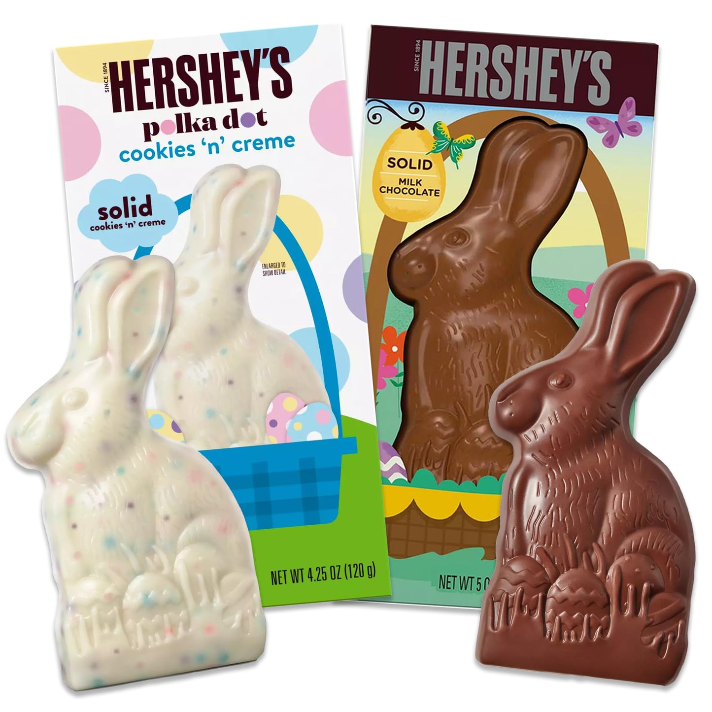 Chocolate Easter Candy Bunny 2 Pack. Set Includes 1 Milk Chocolate and 1 Cookies and Cream Flavored Chocolate Bunny.