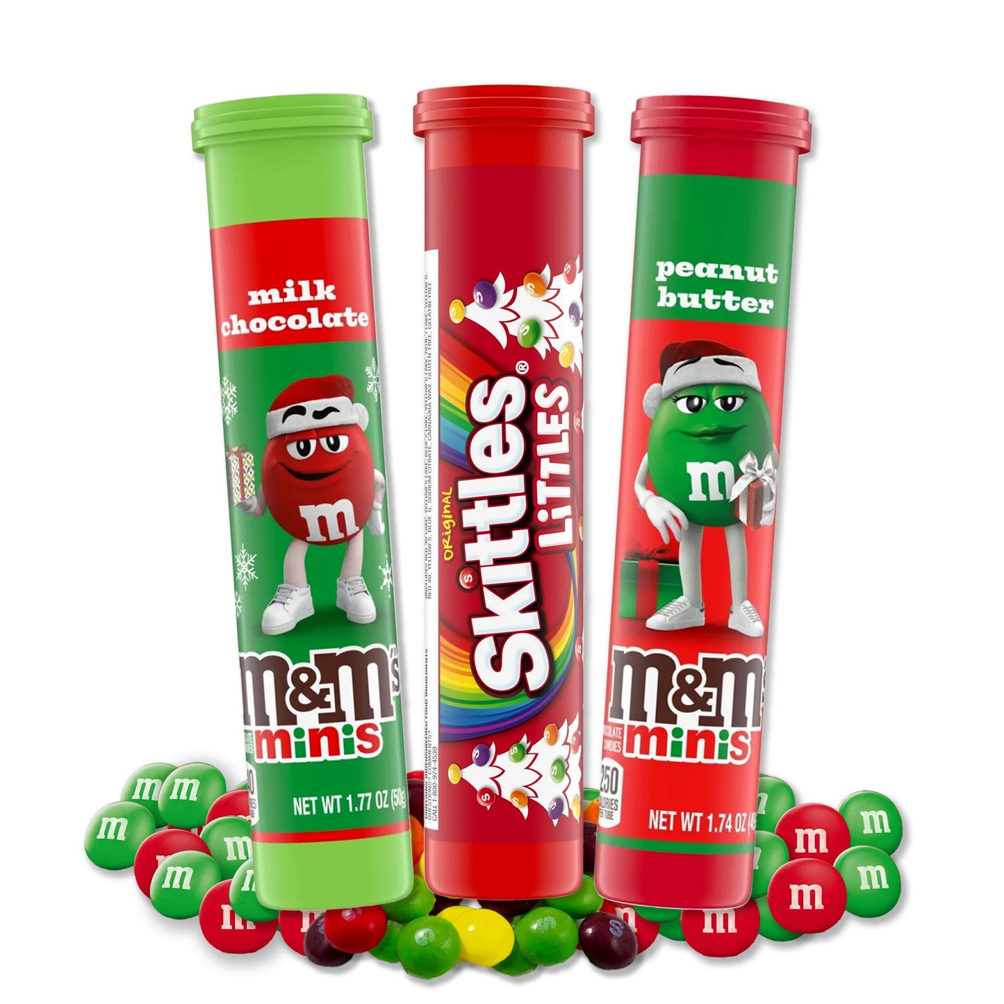 Christmas Candy Stocking Stuffer Tubes 3 Pack- Mini Milk Chocolate Candy Pieces, Mini Peanut Butter Chocolate Candy Pieces, and Fruit Candy Pieces Littles Candy Tubes.