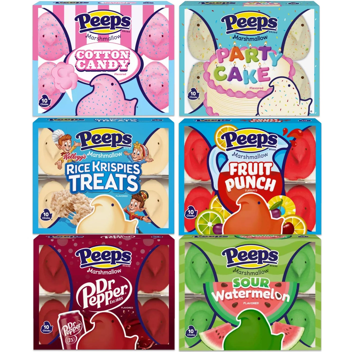 Easter Marshmallow Candy Chicks Variety 6 Pack (60 Chicks Total)- Sour Watermelon, Party Cake, Cotton Candy, Fruit Punch, Soda, and Marshmallow Rice Treat.