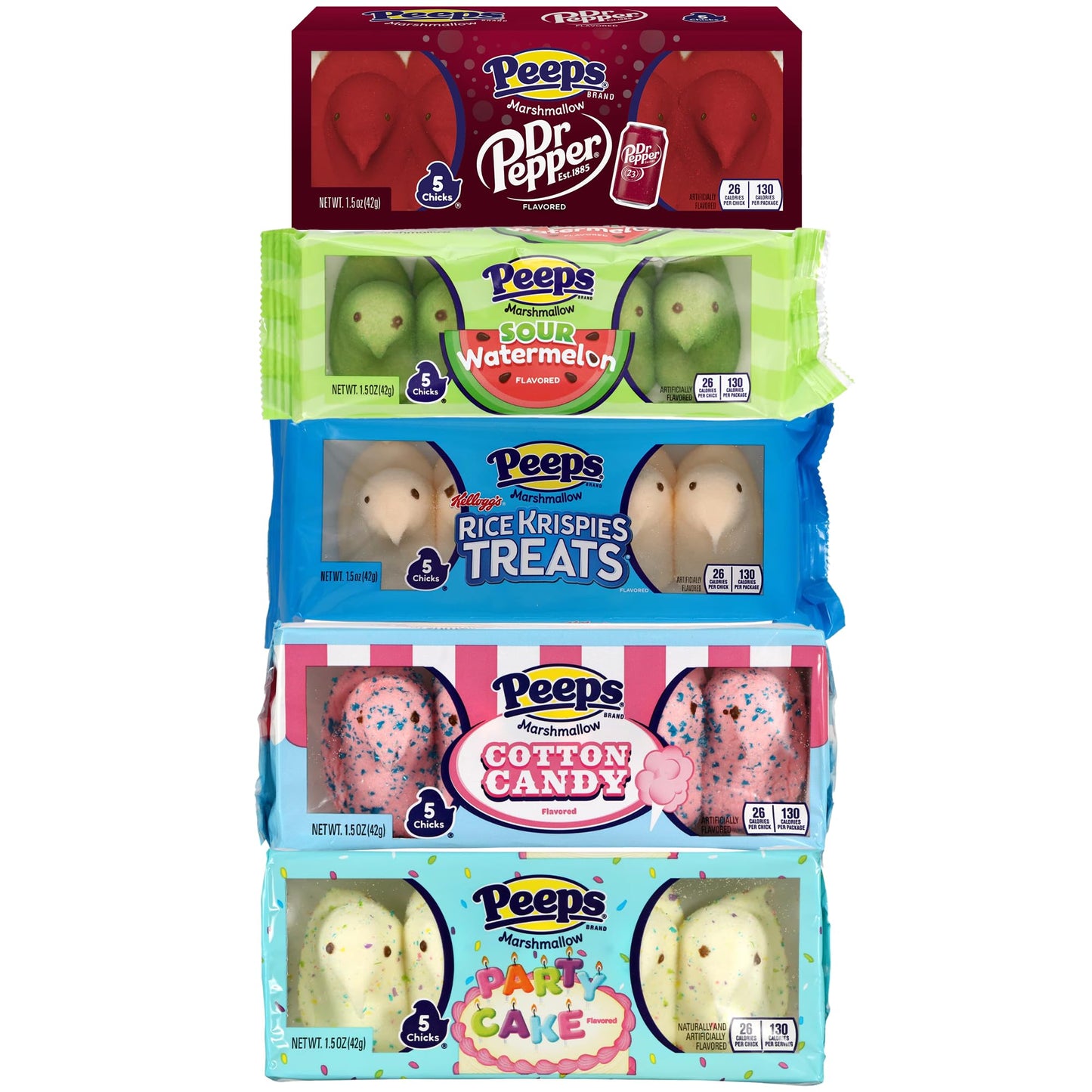 Easter Marshmallow Candy Chicks Variety 5 Pack (25 Chicks Total)- Sour Watermelon, Party Cake, Cotton Candy, Soda, and Marshmallow Rice Treat.