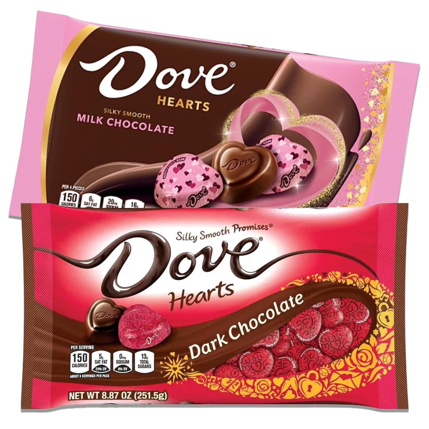 Valentines Day Chocolate Heart Promises Variety 2 Pack- Dove Milk Chocolate Hearts and Dove Dark Chocolate Valentine's Day Chocolate Hearts. Pack of 2 x 8.87oz Bags.