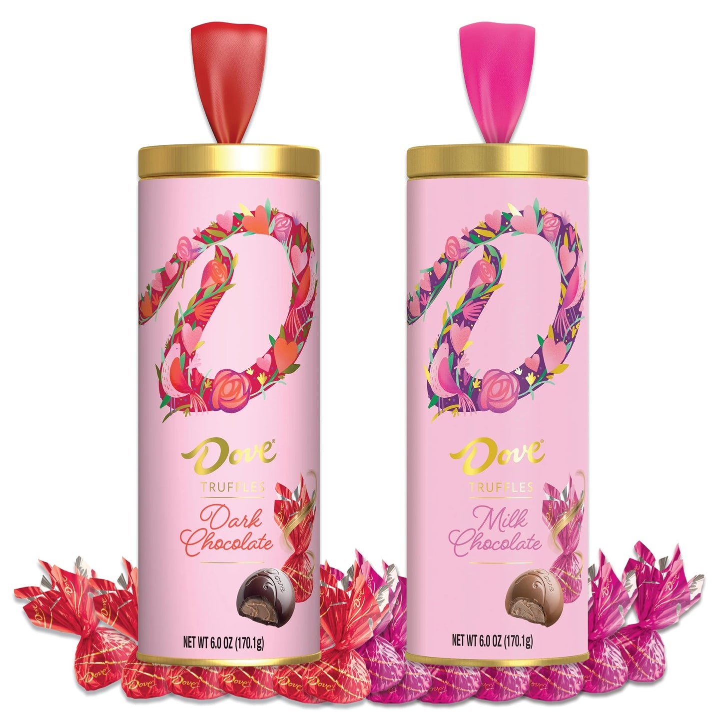 Valentines Day Chocolate Box Heart Tins Variety 2 Pack- Dove Milk Chocolate Truffles and Dove Dark Chocolate Truffles Valentine's Day Chocolate Hearts. Pack of 2 x 6oz Heart Tins.