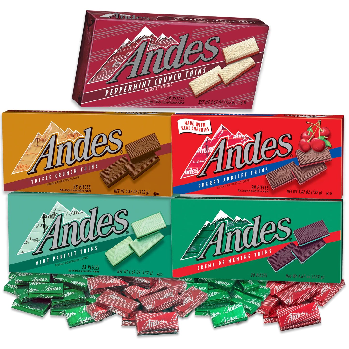 Andes Thins Variety Pack of 5. Andes Chocolate Mints- Mint Parfait, Toffee Crunch Thins, Cherry Jubilee, Peppermint Crunch Thins, and Creme De Menthe Thins, 4.67oz Each. Andes Mints, Andes Candies Mints