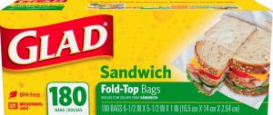 Glad 60771 Fold-Top Sandwich Bags, 6 1/2 x 5 1/2, Clear, 180 per