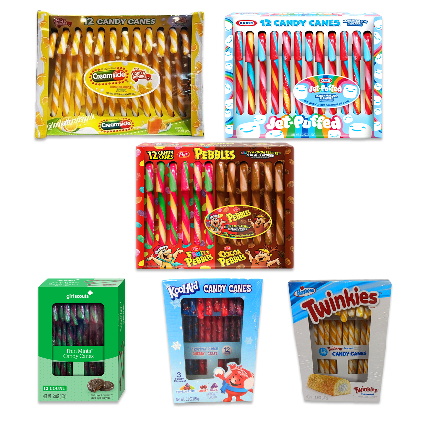 Candy Cane Variety Pack of 6- Kool Aid, Girl Scout, Twinkies, Creamsicle, Fruity Pebbles, Jet Puffed