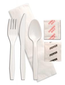 Senate Medium Weight White Polypropylene Knife Fork Spoon Napkin Salt and Pepper Kit - 250 per case