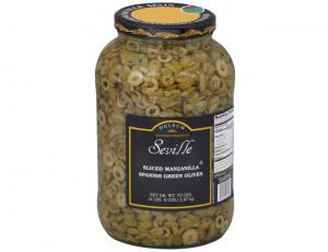 Seville 80120 Sliced Manzinilla Spanish Green Olive, Glass Jar (1 Gallon, 4Pack)