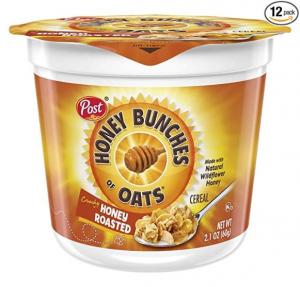 Post Honey Bunches Of Oats Honey Roasted, Portable Cereal Cups To Go, Whole Grain, Low Fat Breakfast Cereal, 2.1 Ounce (Pack Of 12) Cups