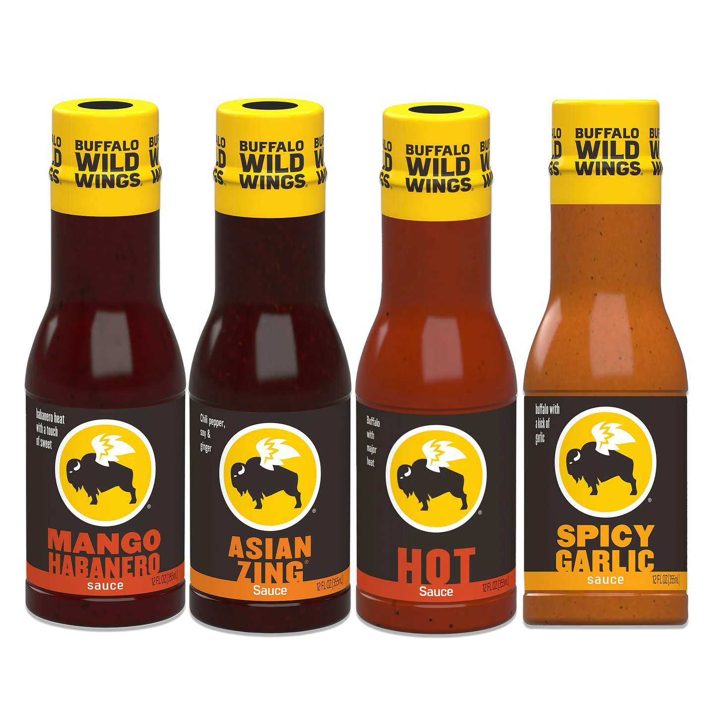 Chicken Wing Sauce Variety 4 Pack- Mango Habanero, Nashville Hot, Asian Zing and Spicy Garlic 12oz Bottles.