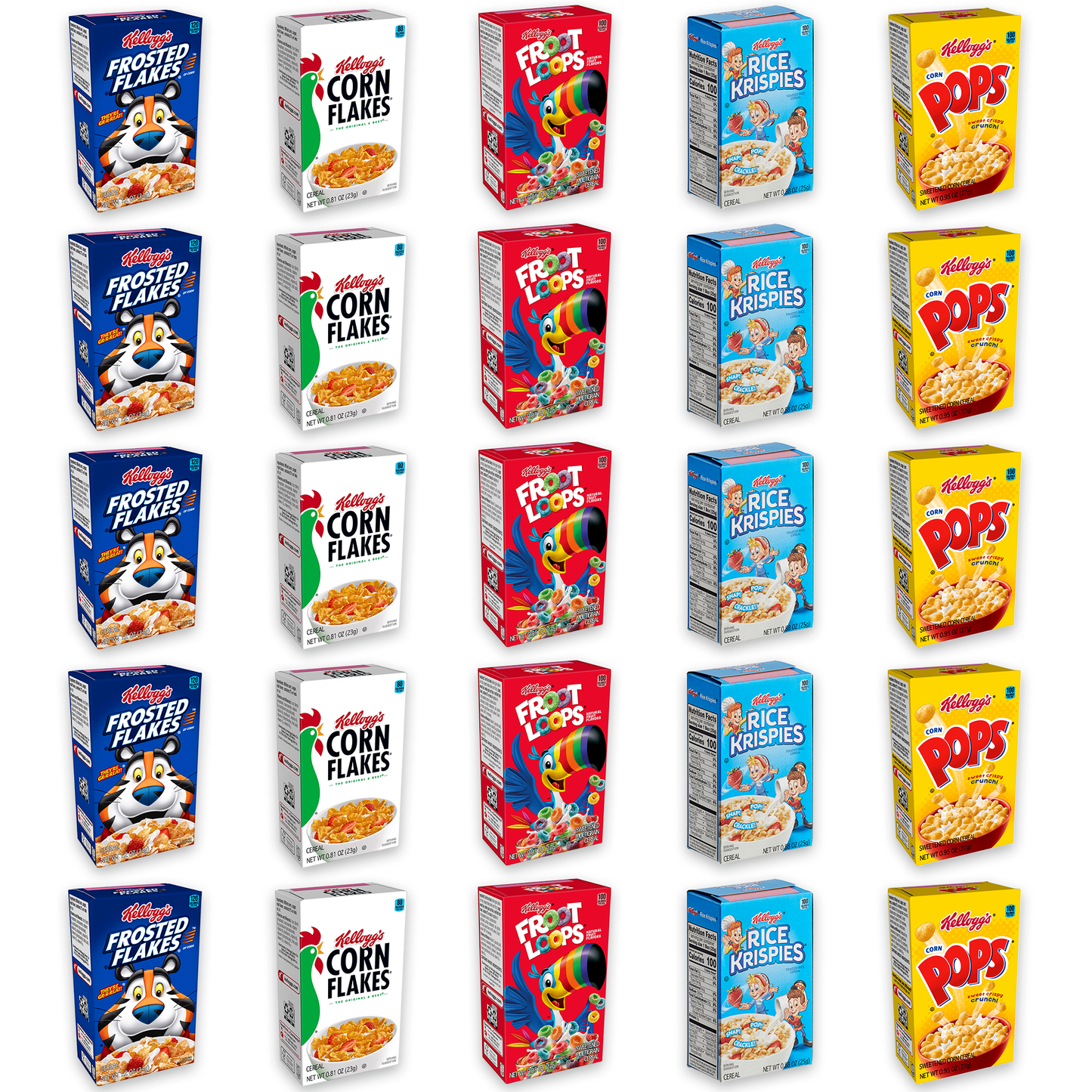 Mini Cereal Boxes 5 Flavors Pack of 25- Corn Pops, Froot Loops, Rice Krispies, Frosted Flakes, Corn Flakes