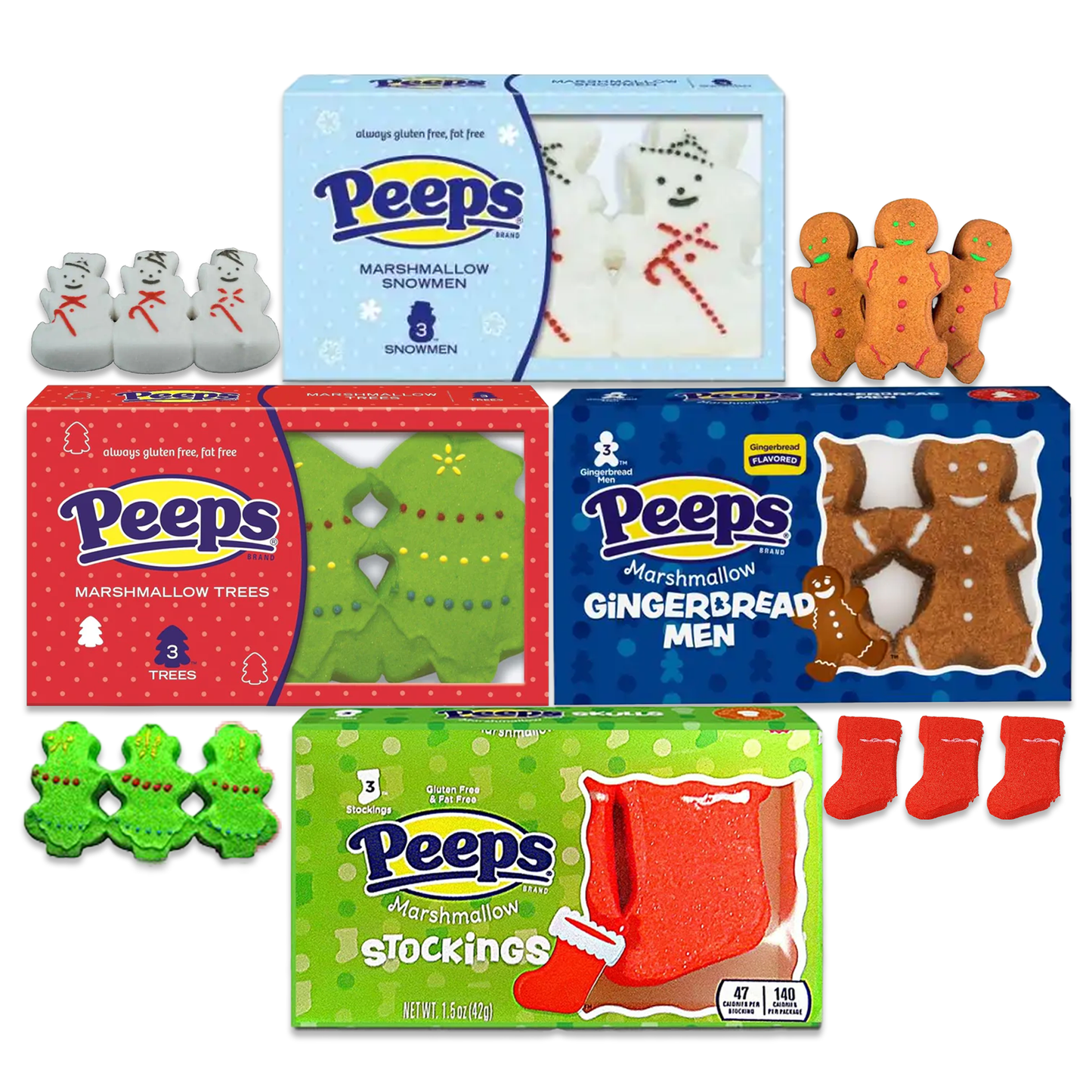 Peeps 4 Pack Variety Pack (12 Peeps Total)- Trees, Snowman, Gingerbread man, Stockings