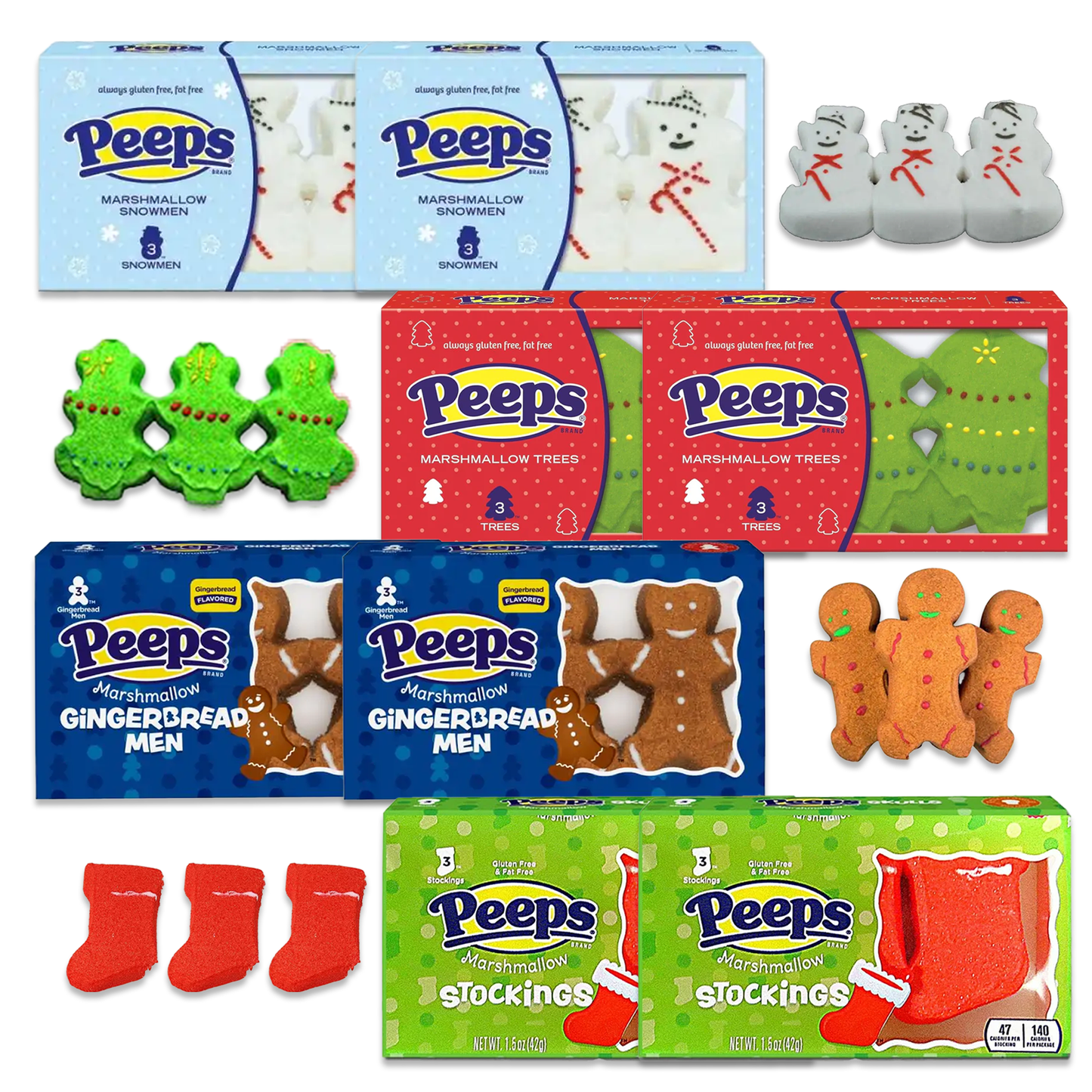 Peeps 8 Pack Variety Pack of 4 flavors (24 Peeps Total)- Trees 6ct, Snowman 6ct, Gingerbread man 6ct, Stockings 6ct