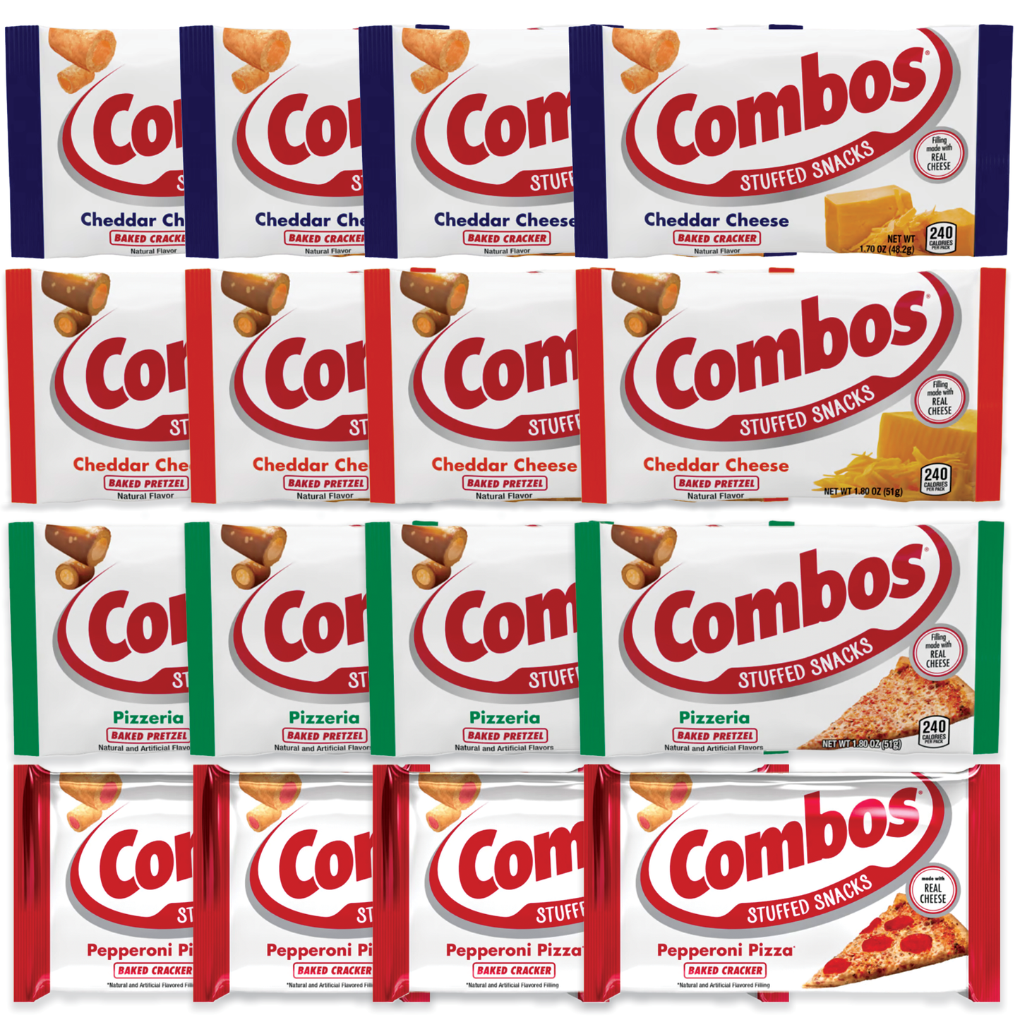 Combos Variety Pack of 4 Flavors 4 of Each (Total of 16 Bags)- Pizzeria, Pepperoni Pizza, Cheese Cracker, Cheddar Pretzel (1.8oz Bag)