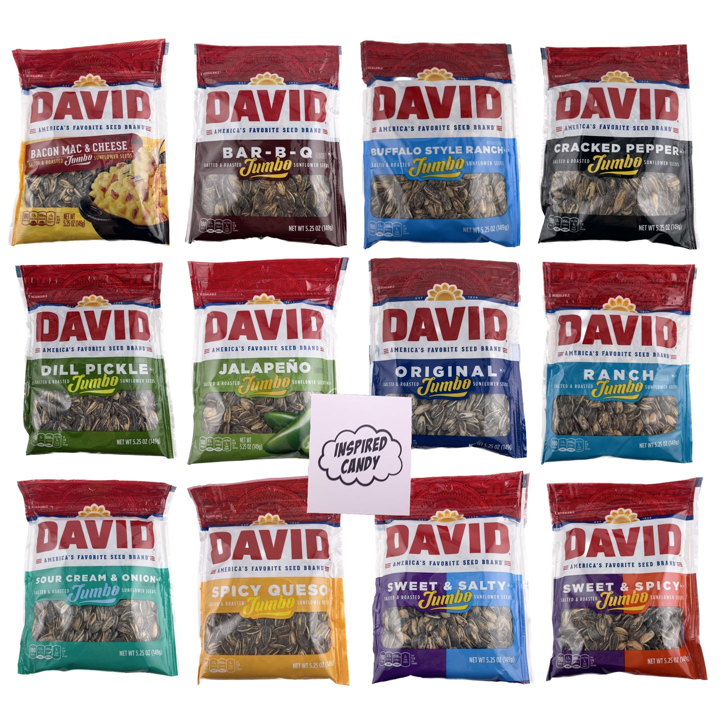 David Sunflower Seeds Variety Pack of 12 Flavored Sunflower Seeds Individual Packets by Inspired Candy. Davids Sunflower Seeds To Eat Flavors Include- Sweet and Spicy Sunflower Seeds, and more.