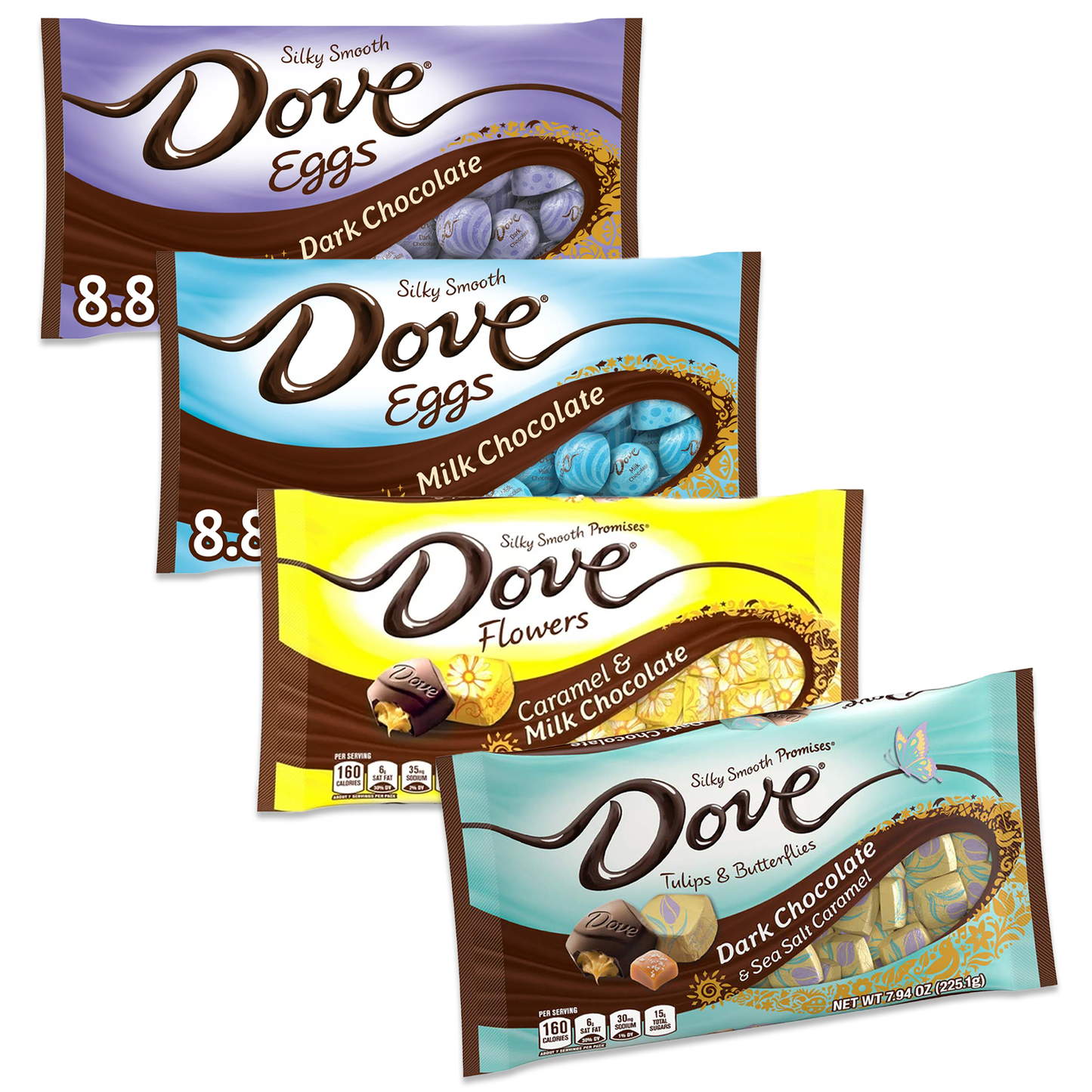 Dove Easter Promises Dove Chocolate Easter Candy Variety 4 Pack- Dove Eggs Milk Chocolate, Dove Dark Chocolate Easter Egg, Dove Caramel Milk Chocolate and Dark Chocolate Sea Salt Caramel Dove Chocolate Candy.