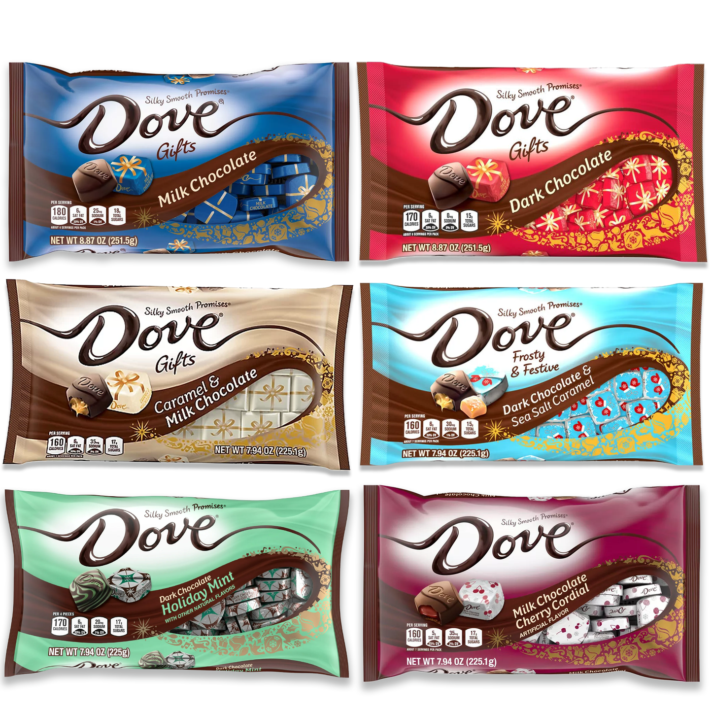 Dove Promises Silky Smooth Holiday Variety Pack of 6- milk, dark, peppermint bark, dark chocolate caramel, milk chocolate caramel (only 17 cases)