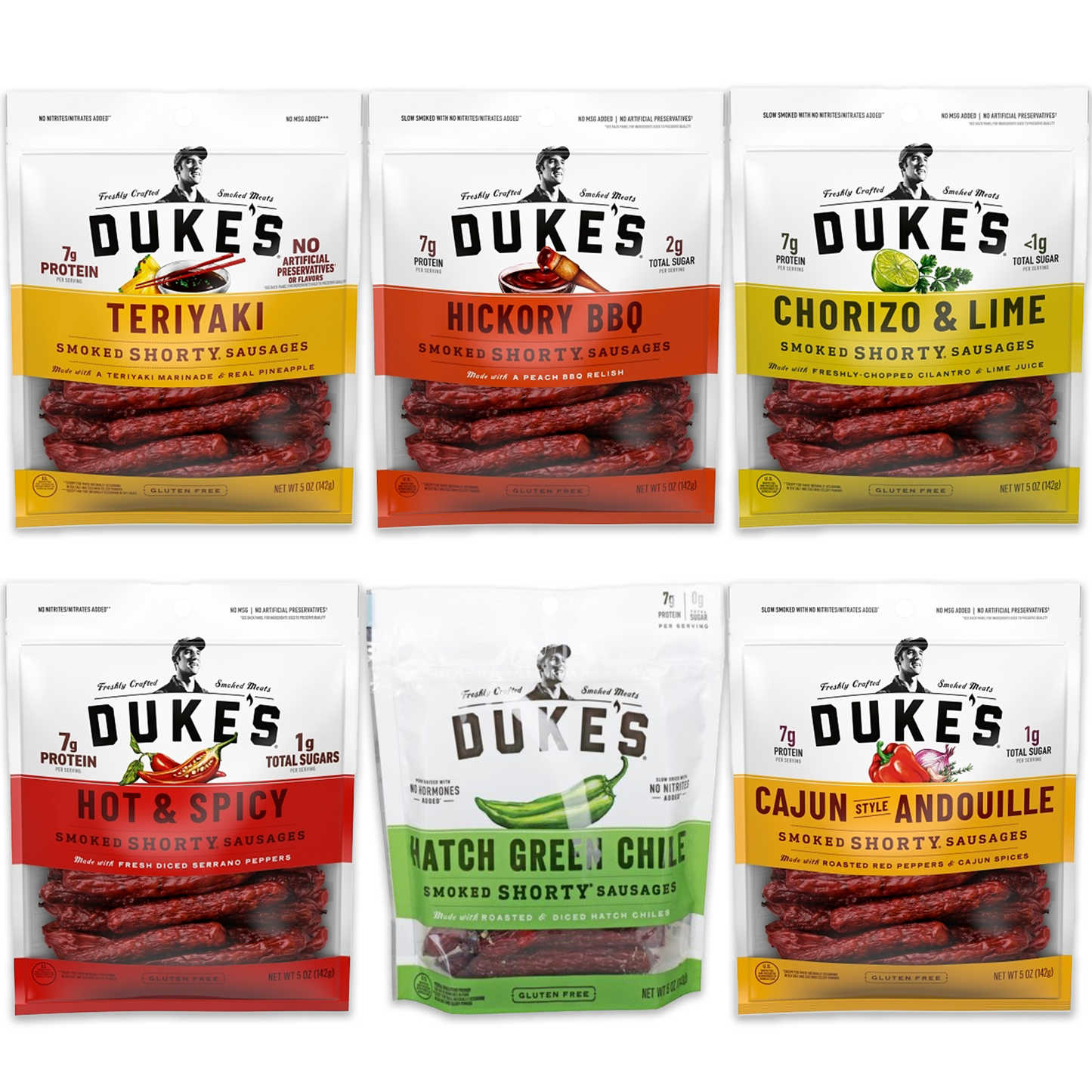 Duke's Pork Sausages Variety Pack of 6- Chorizo and Lime Pork, Hatch Green Chile Pork, Hot and Spicy Pork, Hickory Peach BBQ Pork, Shorty Smoke Sausage Teriyaki, Smoked Shorty Cajun Andouille
