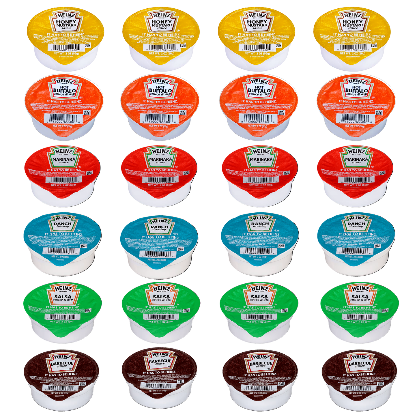 Condiments Dip Cups Variety 24 Pack- Includes 4 Each of 6 Different Condiments- Ranch Dressing, Marinara Sauce, Honey Mustard Dipping Sauce, Salsa Dip, BBQ Sauce, and Buffalo Sauce.