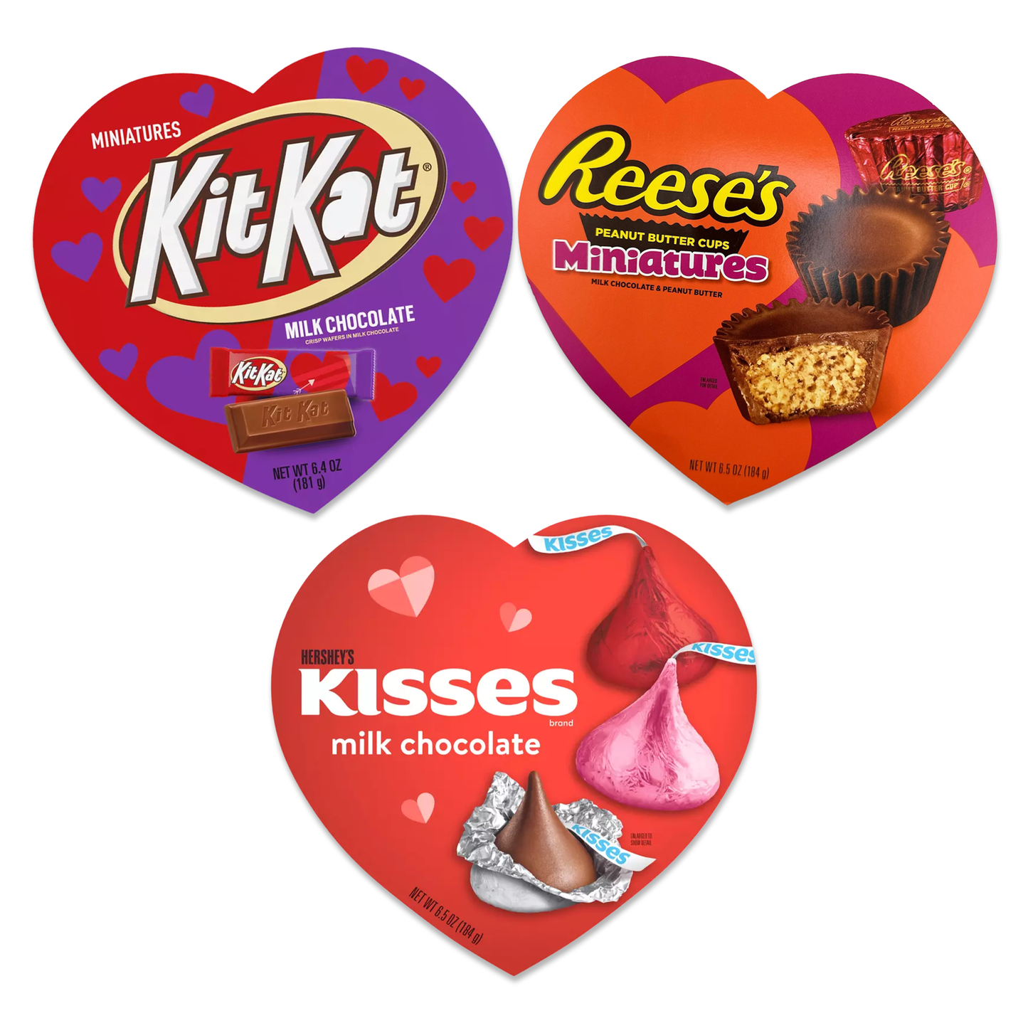 Reeses Hearts and Hershey's Kisses Valentine's Day Candy Chocolate Heart Box Variety 3 Pack. Reese's Gift Set, Heart Shaped Candy Box, Heart Chocolate