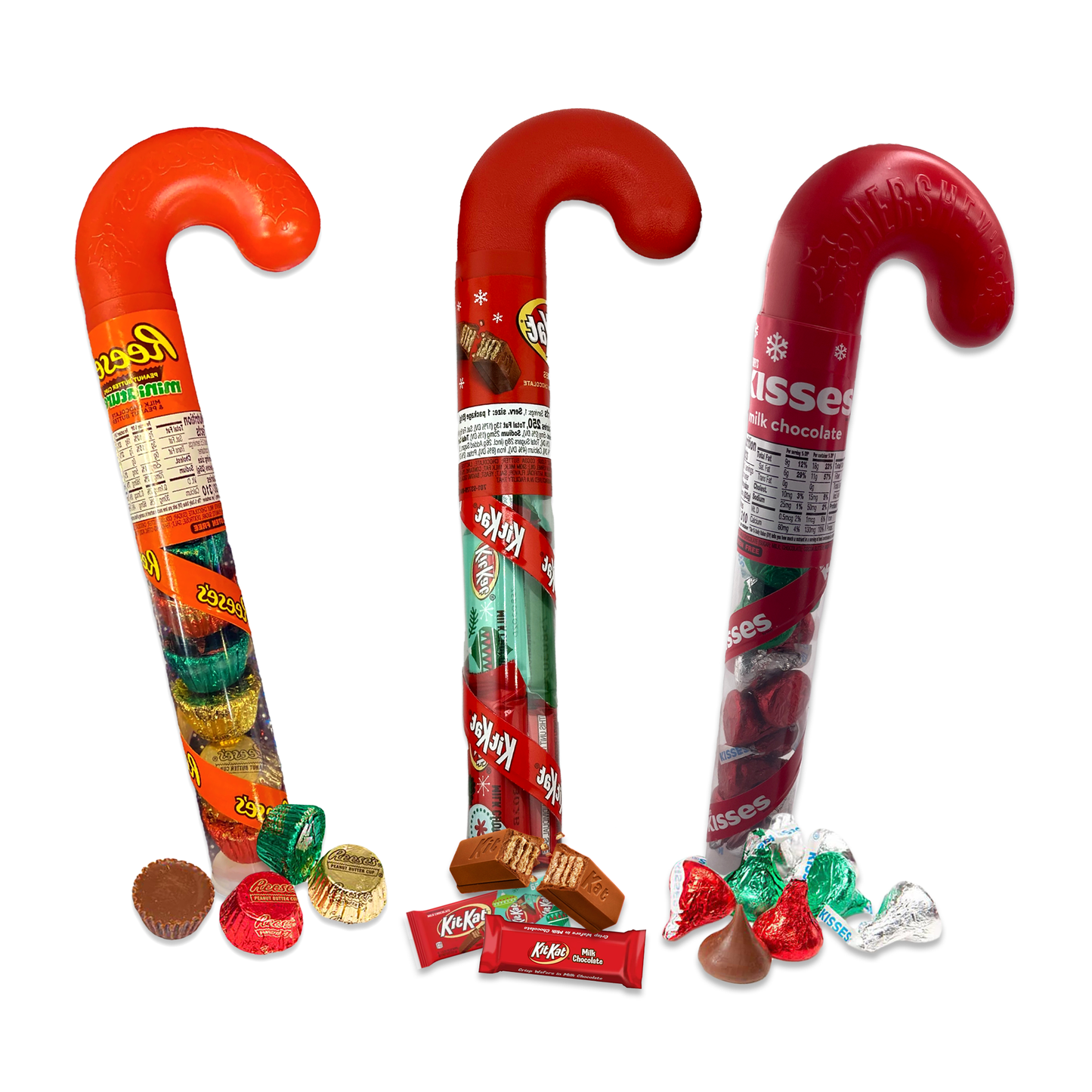 Hershey Kisses, Reeses Peanut Butter Mini, and Kit Kat Candy Cane Tube Pack of 3