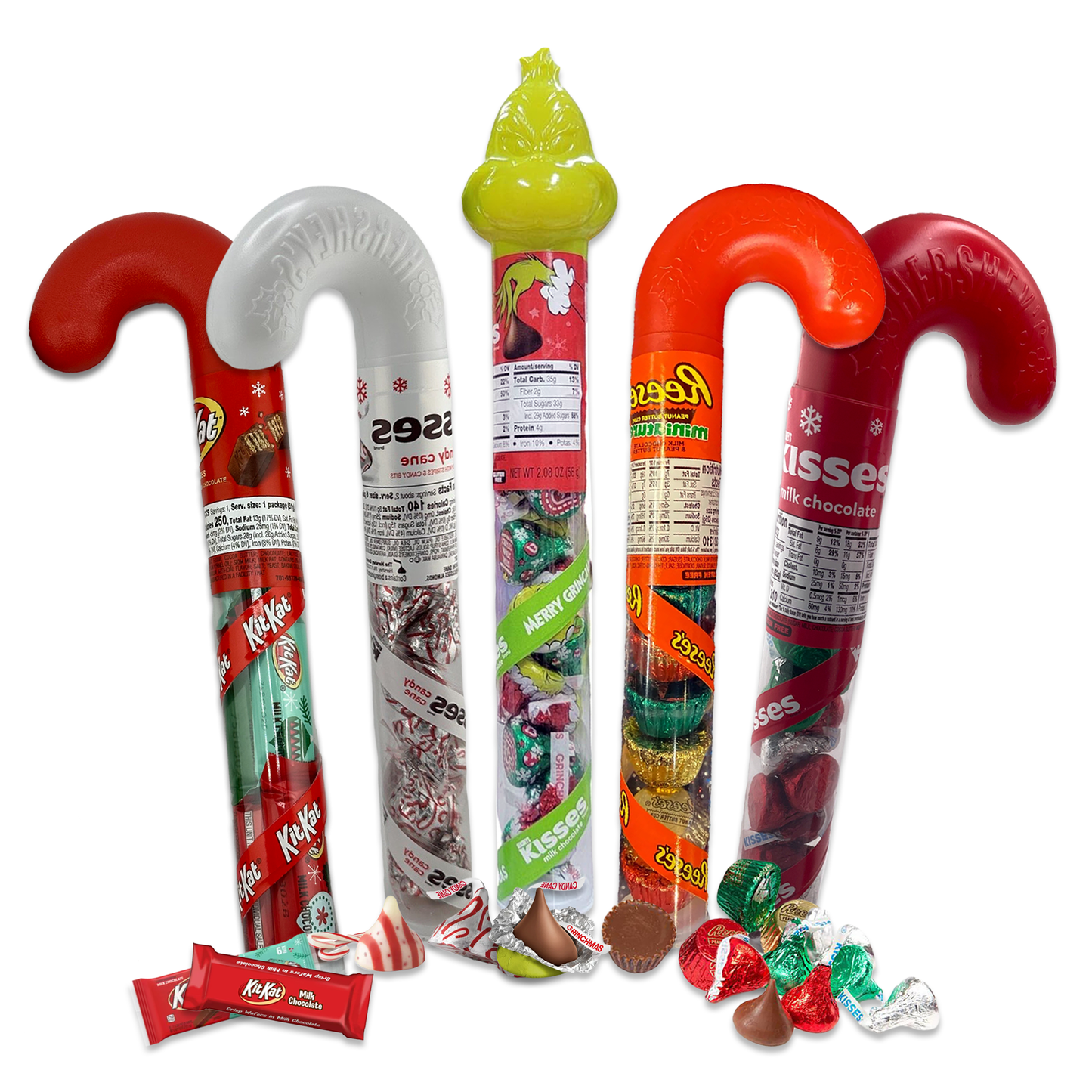 Hershey's Candy Cane Tube 5 pack- Kit Kat, Candy Cane Mint, Reese's, Grinch, Kisses