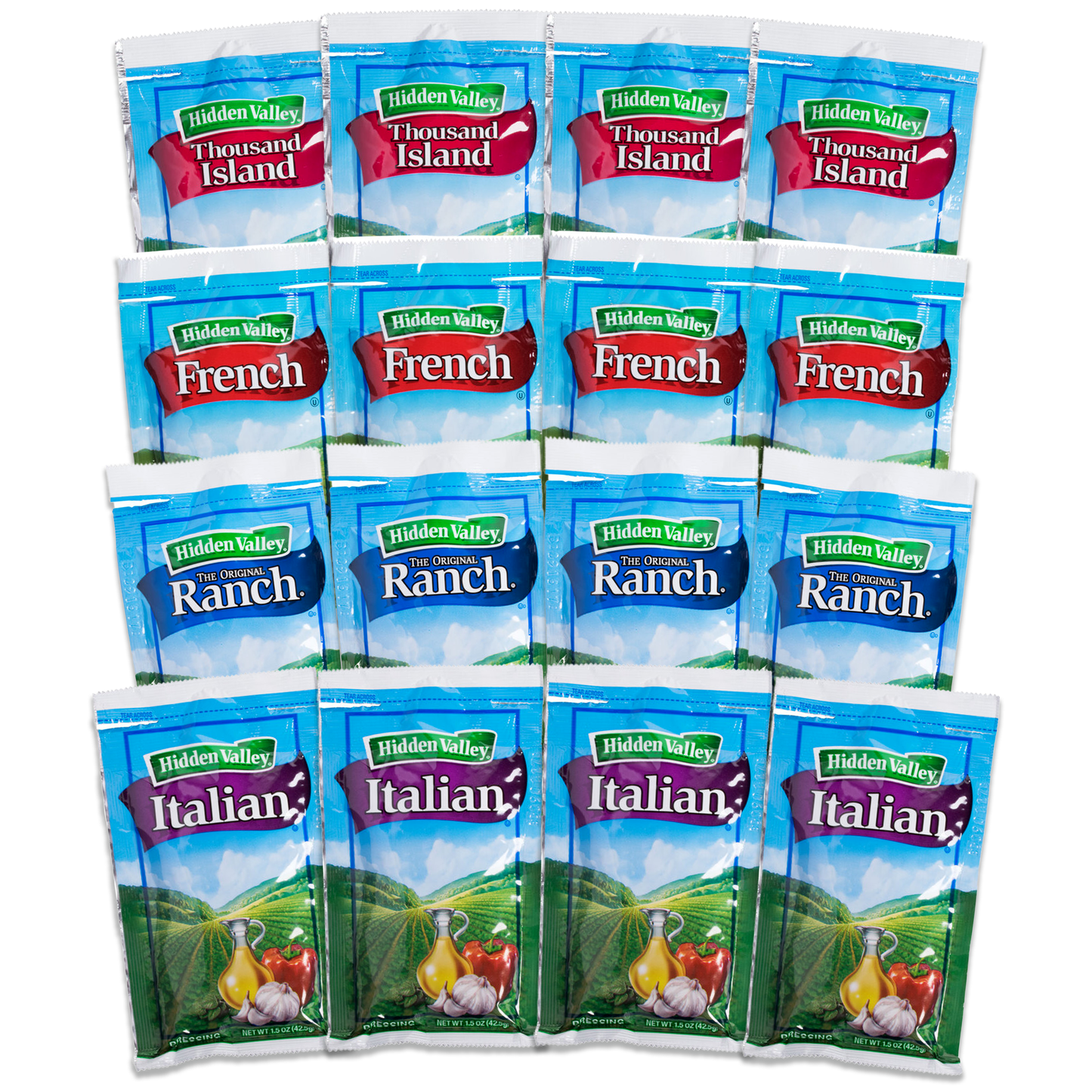 Hidden Valley Dressing Variety Pack of 16 4 of Each Flavor. Thick and Creamy Thousand Island, French, Golden Italian, Original Ranch