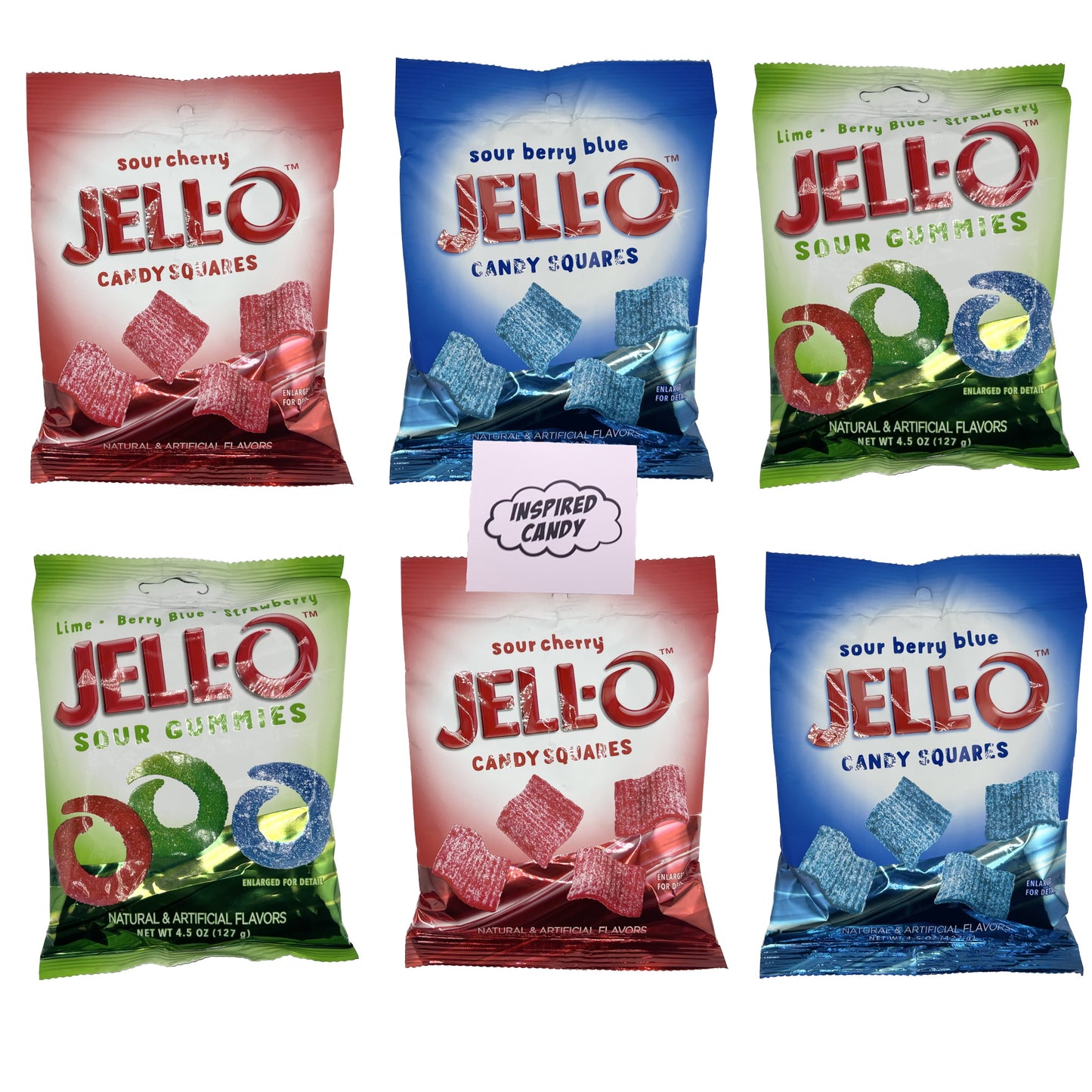Jello Candy Squares and Sour Jello Gummies Variety 6 Pack- Includes 2 Each of 3 Flavors. Jello Sour Cherry Gummy Candy, Jello Sour Berry Gummy Candy, and Jello Sour Gummies by Inspired Candy.